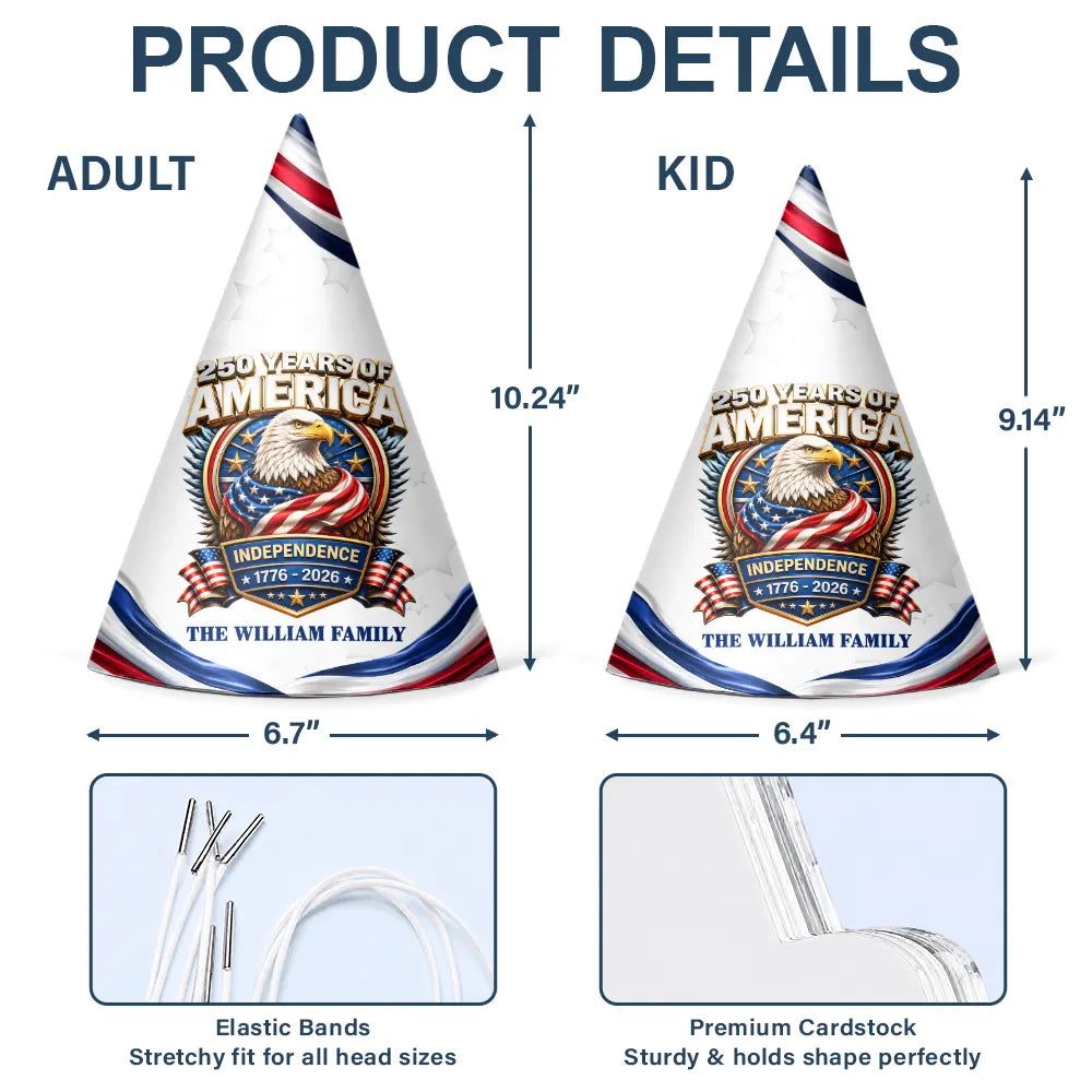 America 250th,Independence Day,Family,Proud,Icon - Patriotic Eagle 250 Years Of Freedom 3D Effect - Personalized Party Hats
