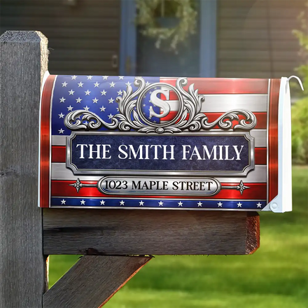 Patriotic Faux Metal Family Monogram - Personalized Mailbox Cover