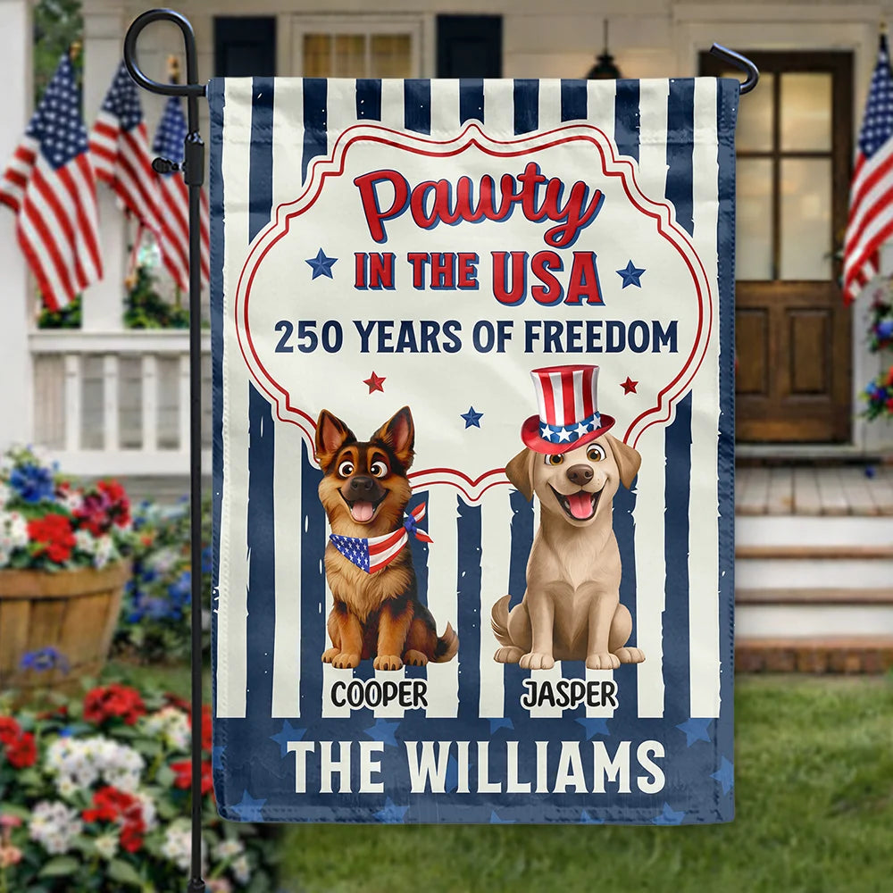 Funny,Cat Lovers,Pet Lovers,Independence Day,America 250th,Dog Lovers - Pawty In The USA 250 Years Of Freedom Retro Dog Cat - Personalized Flag