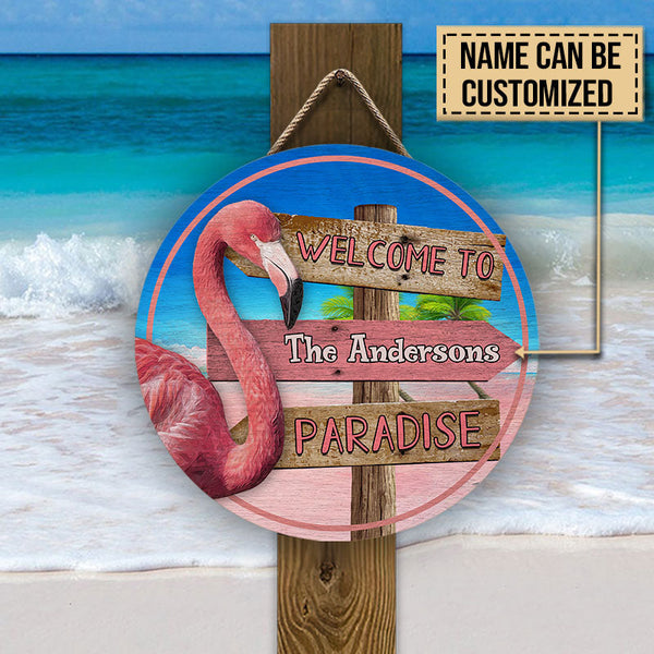 Personalized Flamingo Paradise Customized Wood Circle Sign