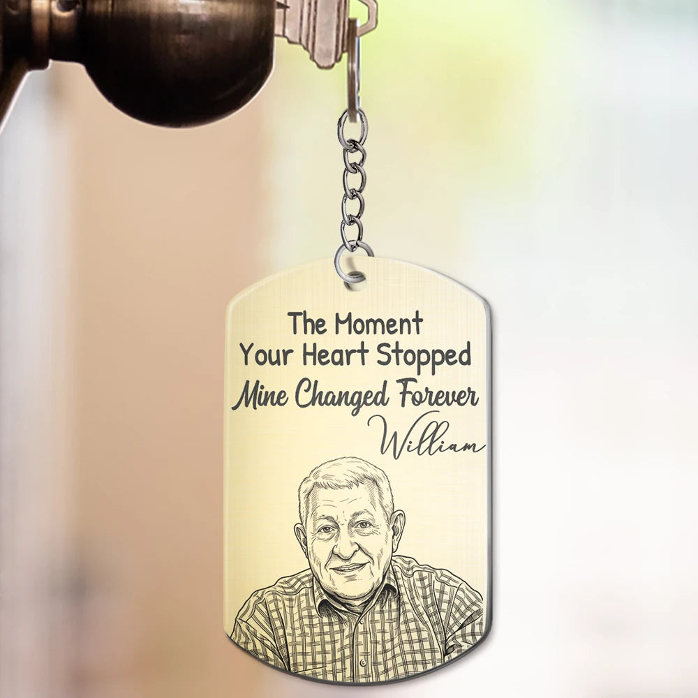 Custom Photo,Memorial,Family,Sad - Custom Photo Pencil Sketch Calendar Memorial The Moment Your Heart Stopped - Personalized Aluminum Keychain