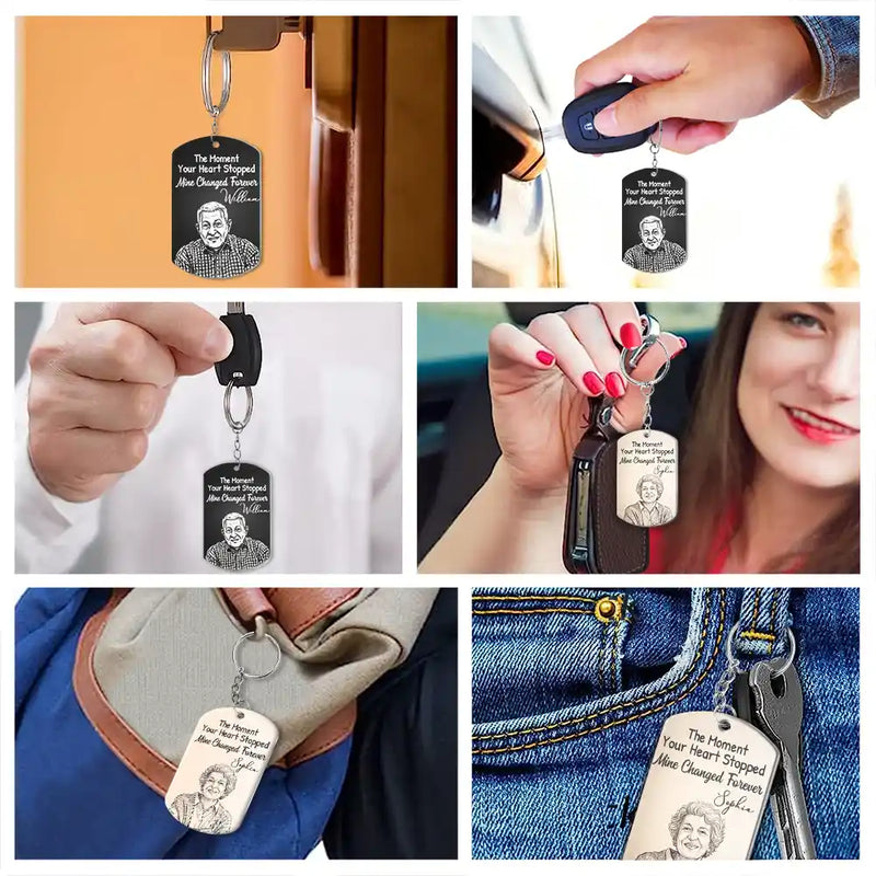Custom Photo,Memorial,Family,Sad - Custom Photo Pencil Sketch Calendar Memorial The Moment Your Heart Stopped - Personalized Aluminum Keychain