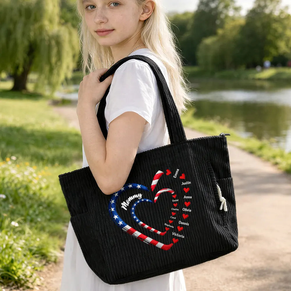 Happy,Gift For Wife,Gift For Yourself,Gift For Women,Gift For Mother,Gift For Grandma - Patriotic Mom And Grandma Sweethearts Embroidery Effect Prints - Personalized Corduroy Tote Bag