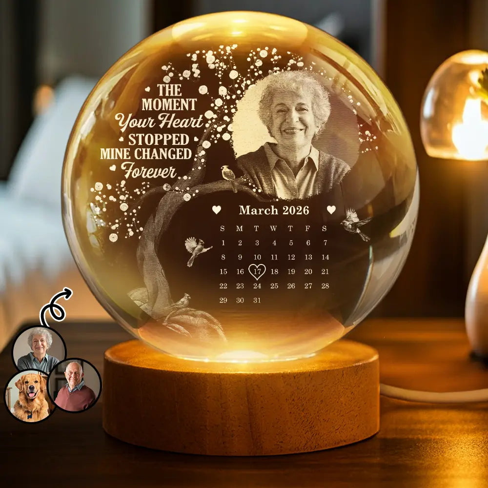 Custom Photo,Memorial,Family,Sad - Custom Photo Calendar The Moment Your Heart Stopped - Personalized Crystal Globe Lamp