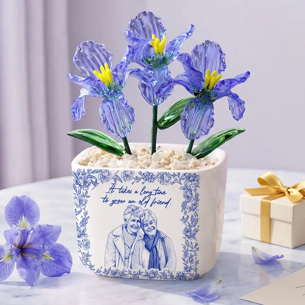 Gift For Bestie,Old Best friends,Love - Custom Photo Pencil Sketch A True Friendship Is A Journey Without An End - Personalized Glass Flower Plant Pot