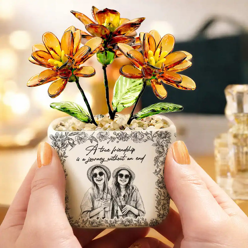 Gift For Bestie,Old Best friends,Love - Custom Photo Pencil Sketch A True Friendship Is A Journey Without An End - Personalized Glass Flower Plant Pot