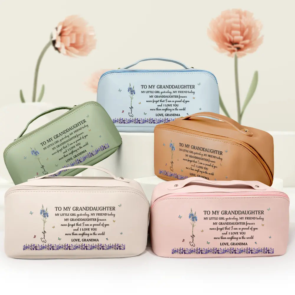 Gift For Daughter,Gift For Women,Happy,Gift For Grandkids - Faux Pressed Birth Flower My Daughter Forever - Personalized Leather Makeup Bag