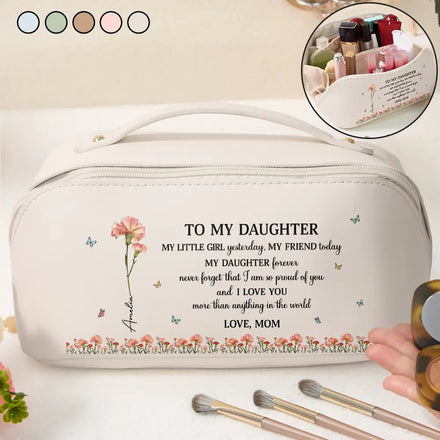 Faux Pressed Birth Flower My Daughter Forever - Personalized Leather Makeup Bag