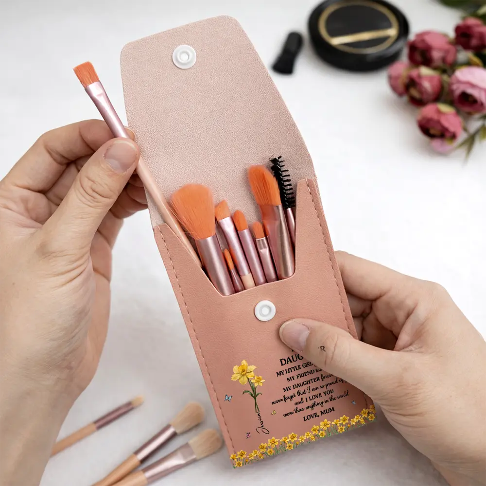 Gift For Daughter,Gift For Women,Happy,Gift For Grandkids - Faux Pressed Birth Flower My Daughter Forever - Personalized Makeup Brush Bag Set