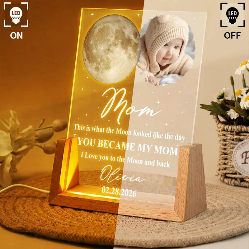 Gift For Mother,New Mom,New baby,Happy - Moon Phase Custom Photo The Moon The Day You Became My Mom - Personalized Night Light