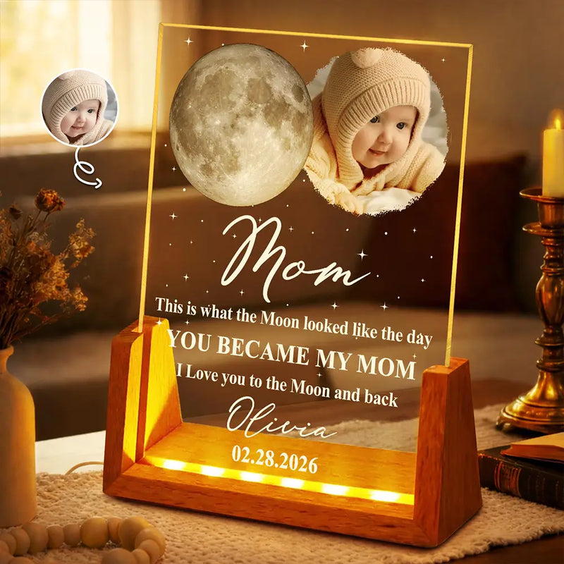 Gift For Mother,New Mom,New baby,Happy - Moon Phase Custom Photo The Moon The Day You Became My Mom - Personalized Night Light