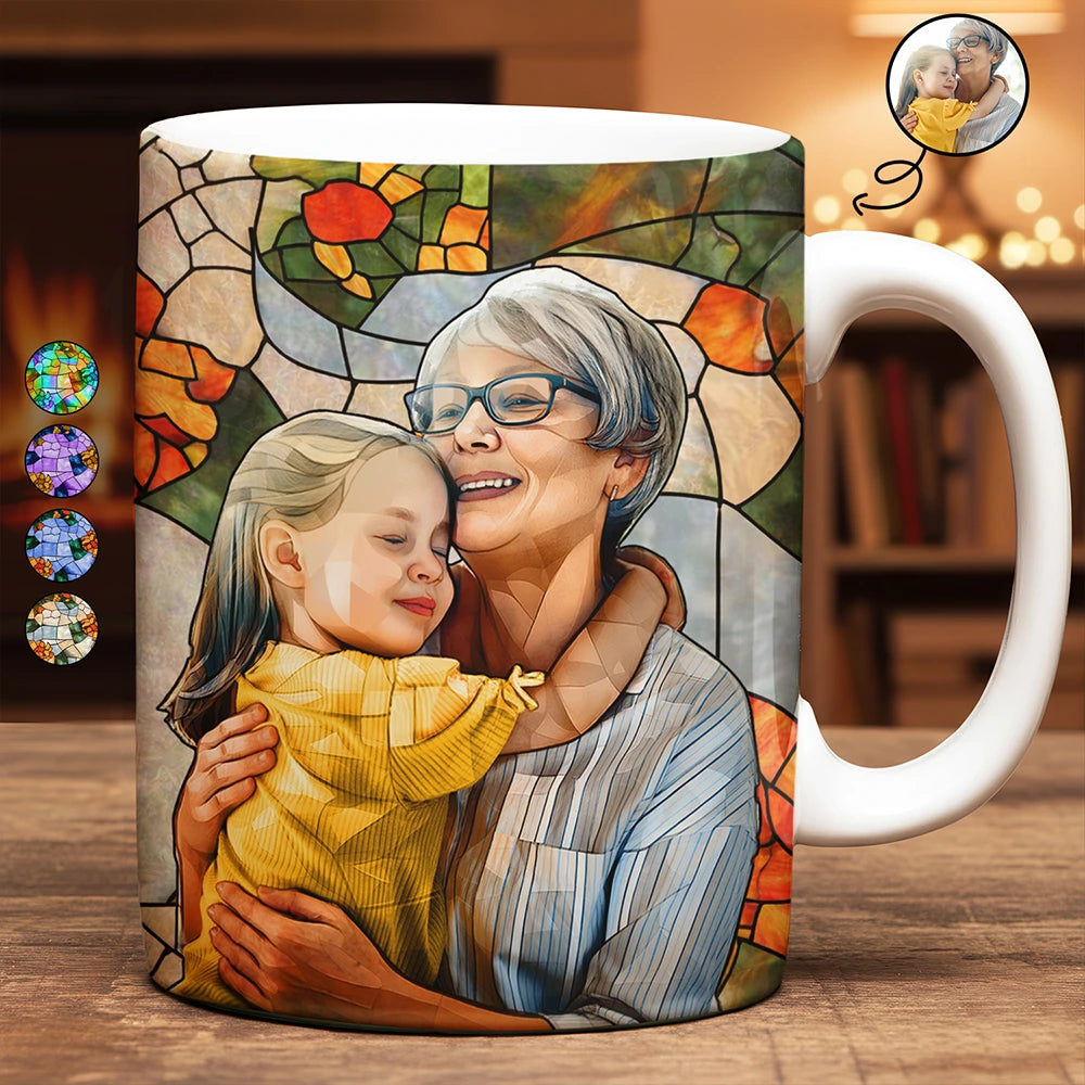 Custom Photo Stained Glass Portrait Mom Grandma Parents Family - Personalized White Edge-to-Edge Mug