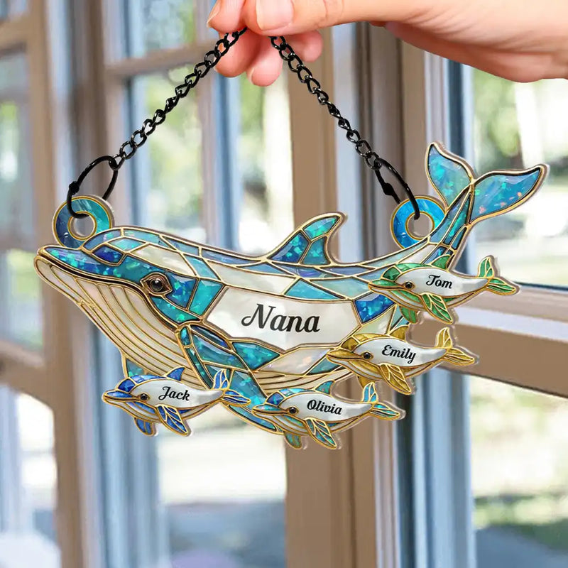 Gift For Grandma,Grandma - Grandkids,Happy,Icon - Dolphin Mom Grandma Stained Glass Effect - Personalized Window Hanging Suncatcher Ornament