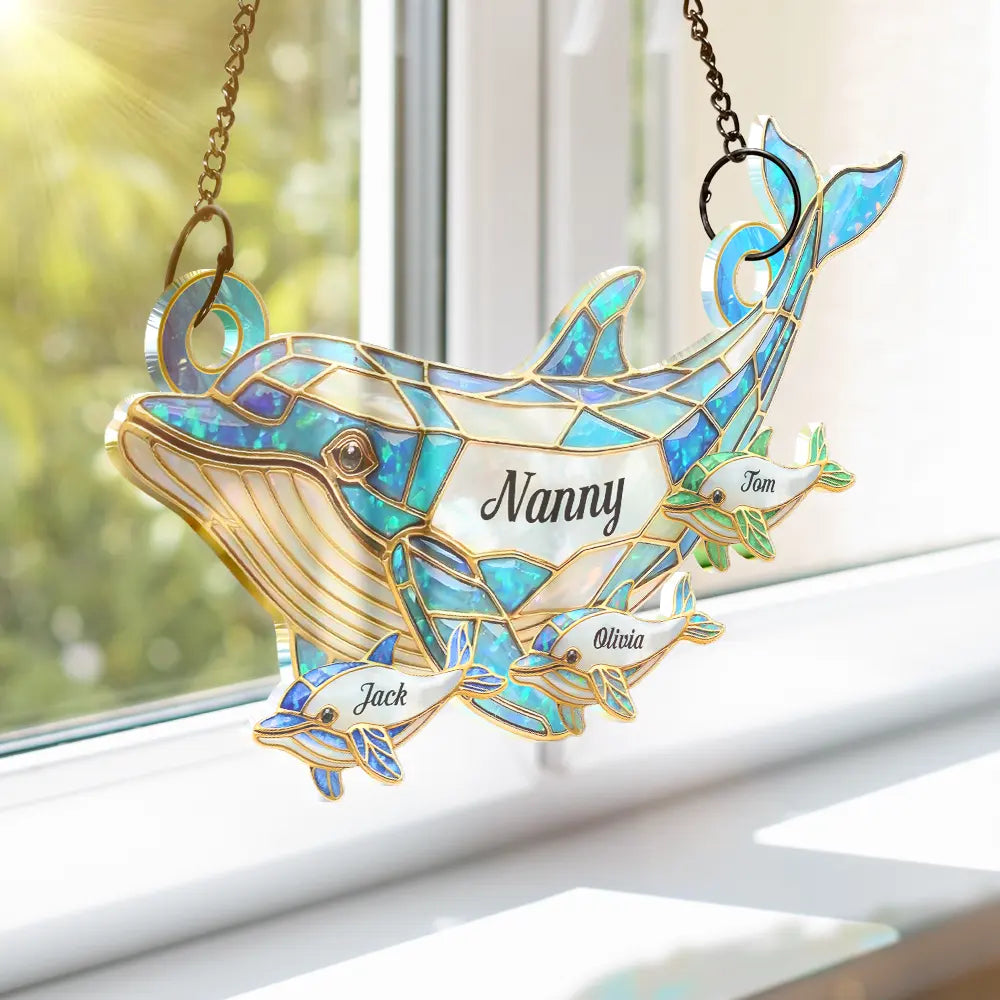 Gift For Grandma,Grandma - Grandkids,Happy,Icon - Dolphin Mom Grandma Stained Glass Effect - Personalized Window Hanging Suncatcher Ornament