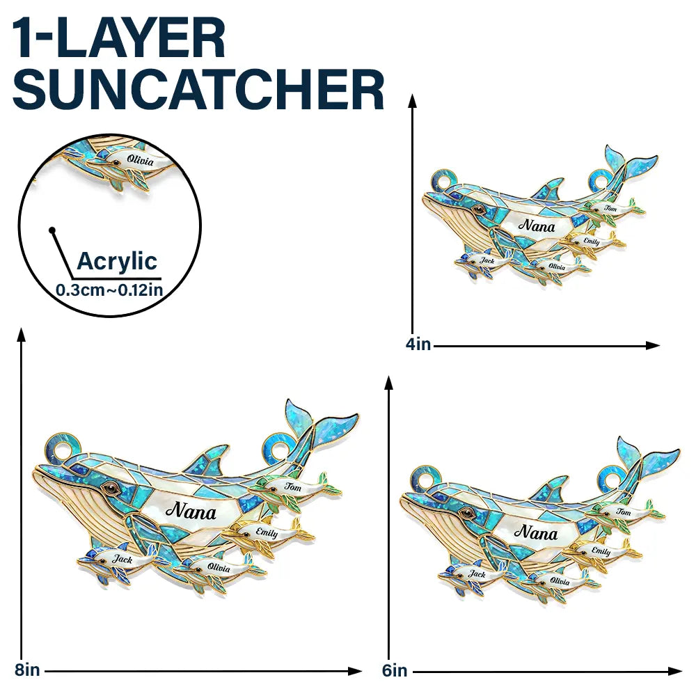 Gift For Grandma,Grandma - Grandkids,Happy,Icon - Dolphin Mom Grandma Stained Glass Effect - Personalized Window Hanging Suncatcher Ornament