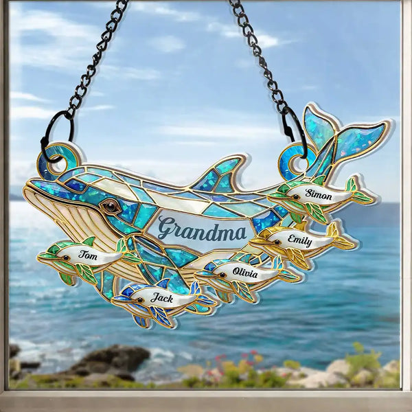 Gift For Grandma,Grandma - Grandkids,Happy,Icon - Dolphin Mom Grandma Stained Glass Effect - Personalized Window Hanging Suncatcher Ornament