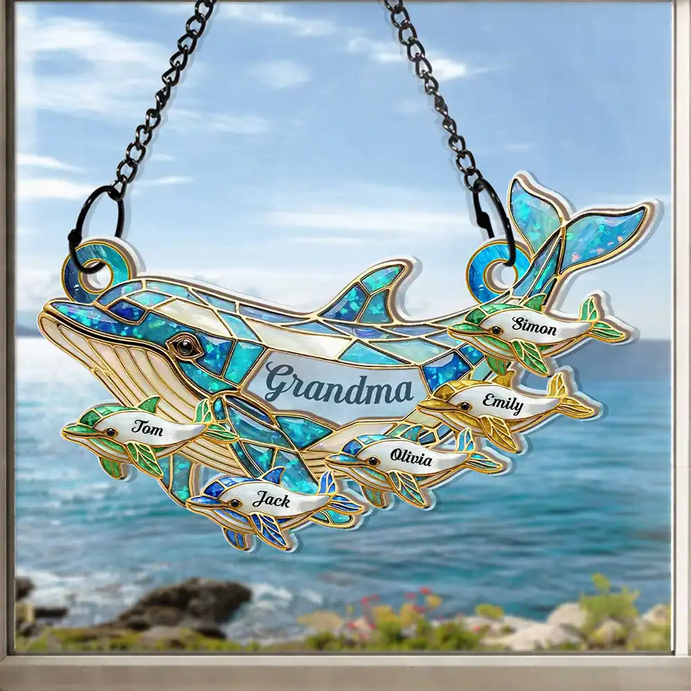 Dolphin Mom Grandma Stained Glass Effect - Personalized Window Hanging Suncatcher Ornament