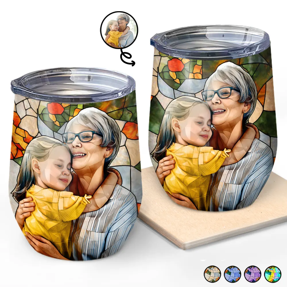 Gift For Wife,Gift For Mother,Gift For Grandma,Gift For Grandparents,Family,Love - Custom Photo Stained Glass Portrait Mom Grandma Parents Family - Personalized Wine Tumbler