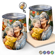 Gift For Wife,Gift For Mother,Gift For Grandma,Gift For Grandparents,Family,Love - Custom Photo Stained Glass Portrait Mom Grandma Parents Family - Personalized Wine Tumbler