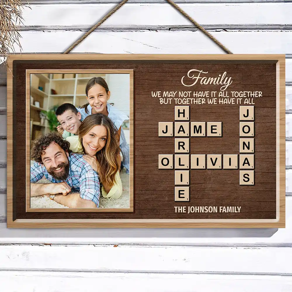 Family,Happy,Parents,Gift For Mother,Gift For Father,Gift For Women,Gift For Men,Gift For Grandpa,Gift For Grandma - Custom Photo Crossword Family Life Begins And Love Never Ends - Personalized Wood Rectangle Sign