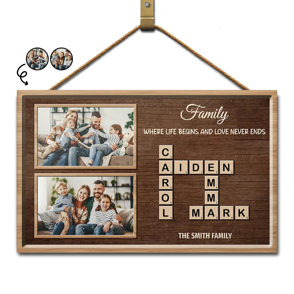 Custom Photo Crossword Family Life Begins And Love Never Ends - Personalized Wood Rectangle Sign