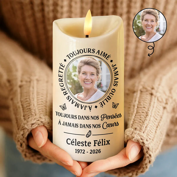 Gift For Yourself,Gift For Women,Gift For Men,Memorial,Sad,French,Non-Eng,Photo,Sympathetic - Photo Personnalisable À Jamais Dans Nos Cœurs - Bougie LED Sans Flamme Personnalisée