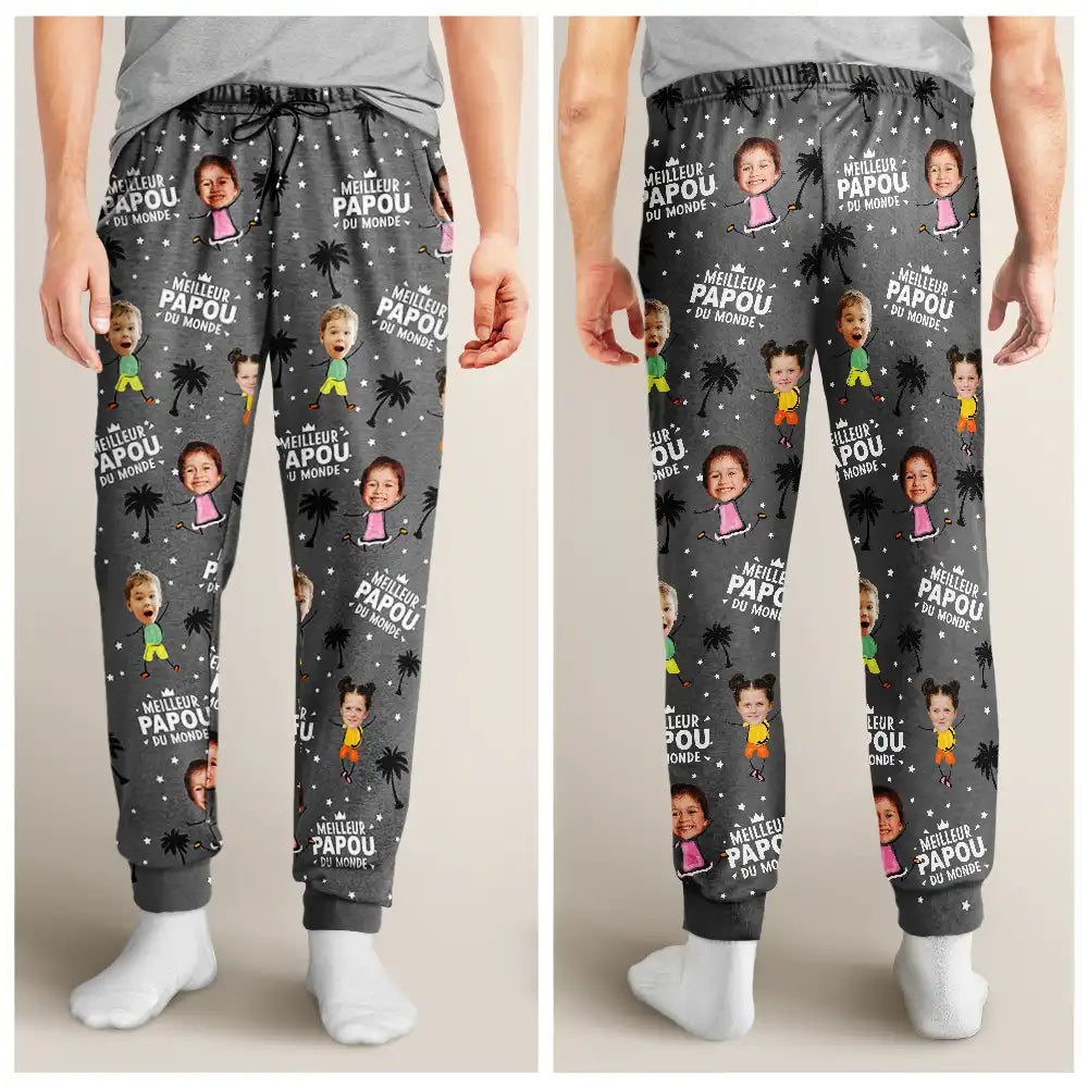 Gift For Husband,Parents,Gift For Yourself,Gift For Men,Gift For Grandpa,Gift For Father,French,Custom Photo,Happy,Gift For Grandparents,Non-Eng,Photo,Icon,Playful - Photo Personnalisable Meilleur Papa Du Monde - Pantalon De Pyjama Personnalisé