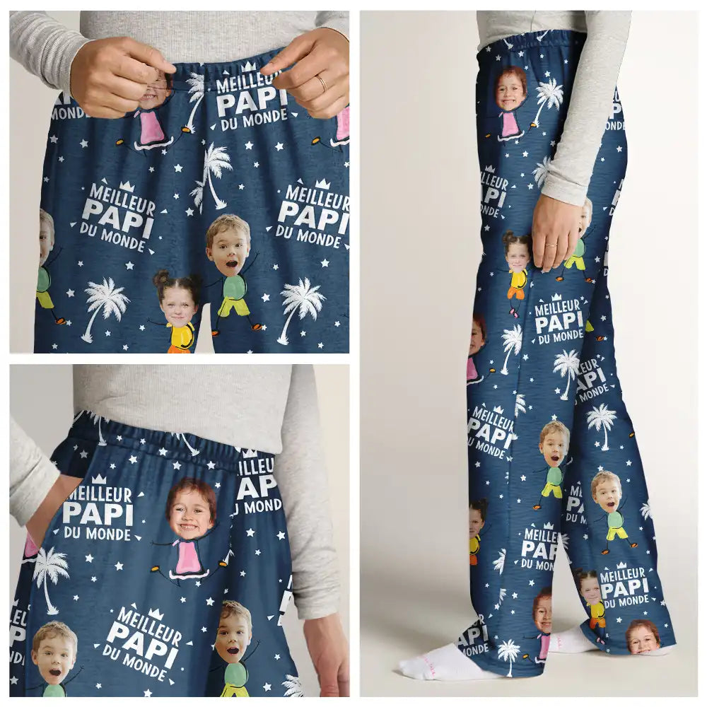 Gift For Husband,Parents,Gift For Yourself,Gift For Men,Gift For Grandpa,Gift For Father,French,Custom Photo,Happy,Gift For Grandparents,Non-Eng,Photo,Icon,Playful - Photo Personnalisable Meilleur Papa Du Monde - Pantalon De Pyjama Personnalisé