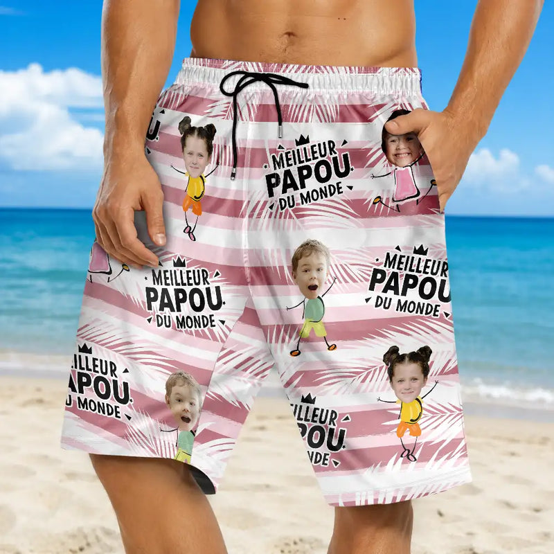 Gift For Husband,Parents,Gift For Yourself,Gift For Men,Gift For Grandpa,Gift For Father,French,Custom Photo,Happy,Summer,Beach,Gift For Grandparents,Non-Eng,Photo,Icon,Playful - Photo Personnalisable Meilleur Papa Du Monde - Shorts De Plage Unisexes Personnalisés