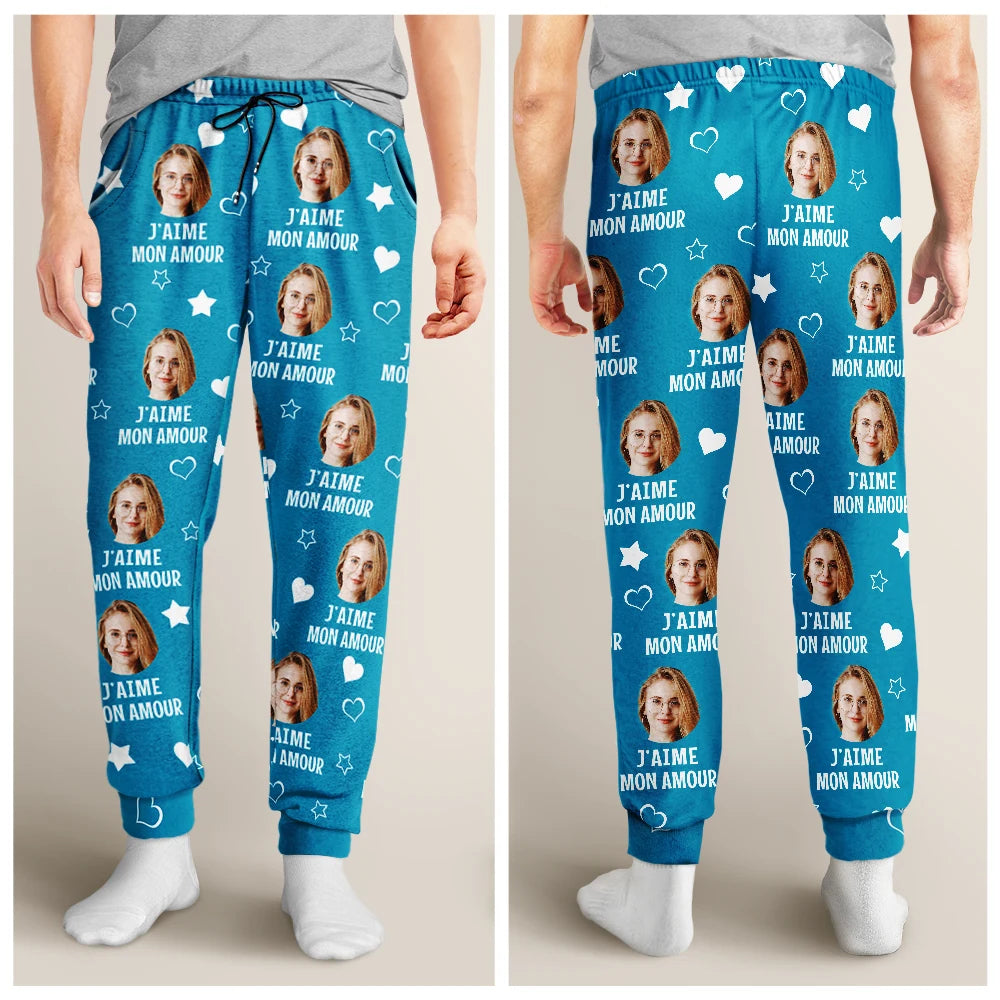 Gift For Couples,Gift For Husband,Gift For Wife,Gift For Boyfriend,Gift For Girlfriend,LGBT,Love,French - Photo Personnalisée J’aime Mon Amour - Pantalon De Pyjama Personnalisé