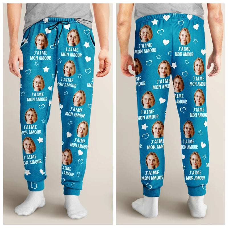Gift For Couples,Gift For Husband,Gift For Wife,Gift For Boyfriend,Gift For Girlfriend,LGBT,Love,French - Photo Personnalisée J’aime Mon Amour - Pantalon De Pyjama Personnalisé
