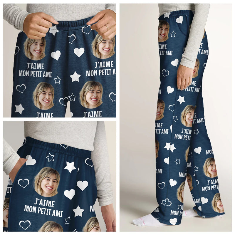 Gift For Couples,Gift For Husband,Gift For Wife,Gift For Boyfriend,Gift For Girlfriend,LGBT,Love,French - Photo Personnalisée J’aime Mon Amour - Pantalon De Pyjama Personnalisé