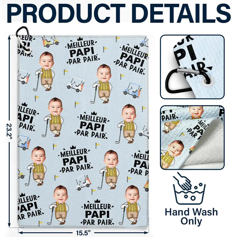 French,Gift For Father,Gift For Grandpa,Happy,Custom Photo,Non-Eng,Sport Dad - Photo Personnalisée Meilleur Papa Par Pair Petit Farceur - Serviette De Golf Personnalisée