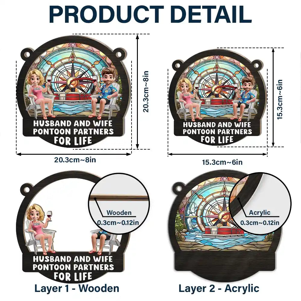 Gift For Couples, Gift For Husband, Gift For Wife, Gift For Boyfriend, Gift For Girlfriend, Happy, Pontoon - Pontoon Partners For Life - Personalized Window Hanging Suncatcher Ornament