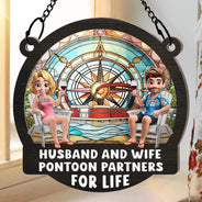Gift For Couples, Gift For Husband, Gift For Wife, Gift For Boyfriend, Gift For Girlfriend, Happy, Pontoon - Pontoon Partners For Life - Personalized Window Hanging Suncatcher Ornament