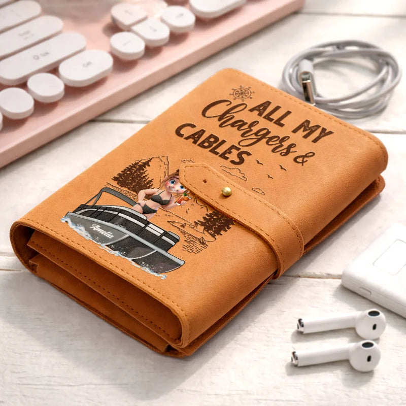 Pontoon,Gift For Women,Gift For Men,Happy,Travel - Pontoon Woman Man All My Charging Sh*t - Personalized Leather Cable Bag
