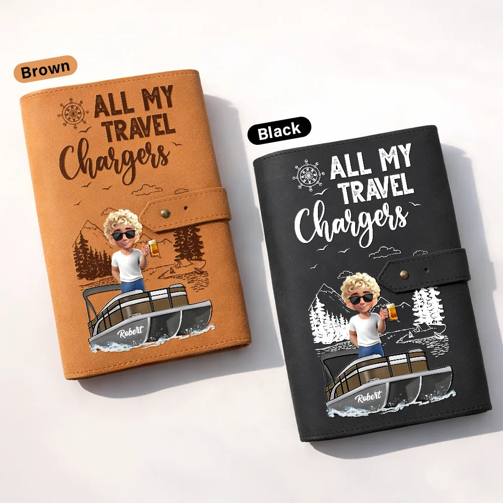 Pontoon,Gift For Women,Gift For Men,Happy,Travel - Pontoon Woman Man All My Charging Sh*t - Personalized Leather Cable Bag