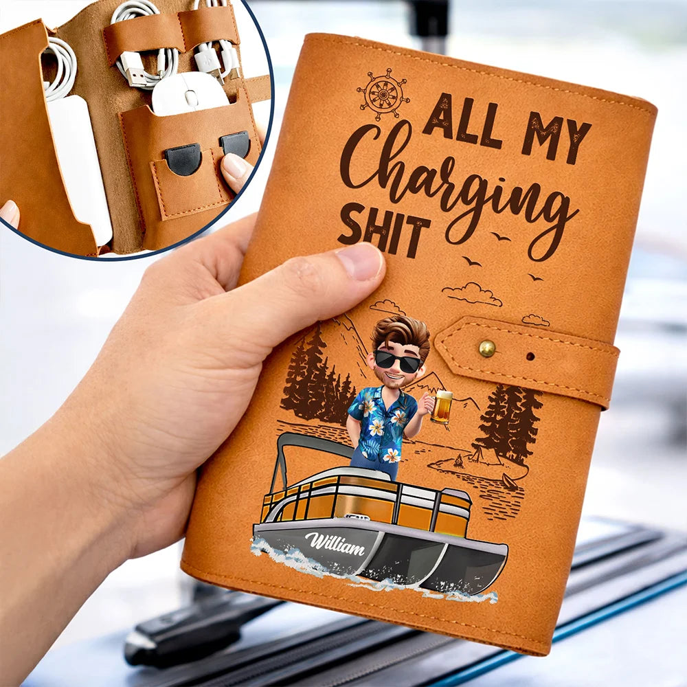 Pontoon,Gift For Women,Gift For Men,Happy,Travel - Pontoon Woman Man All My Charging Sh*t - Personalized Leather Cable Bag