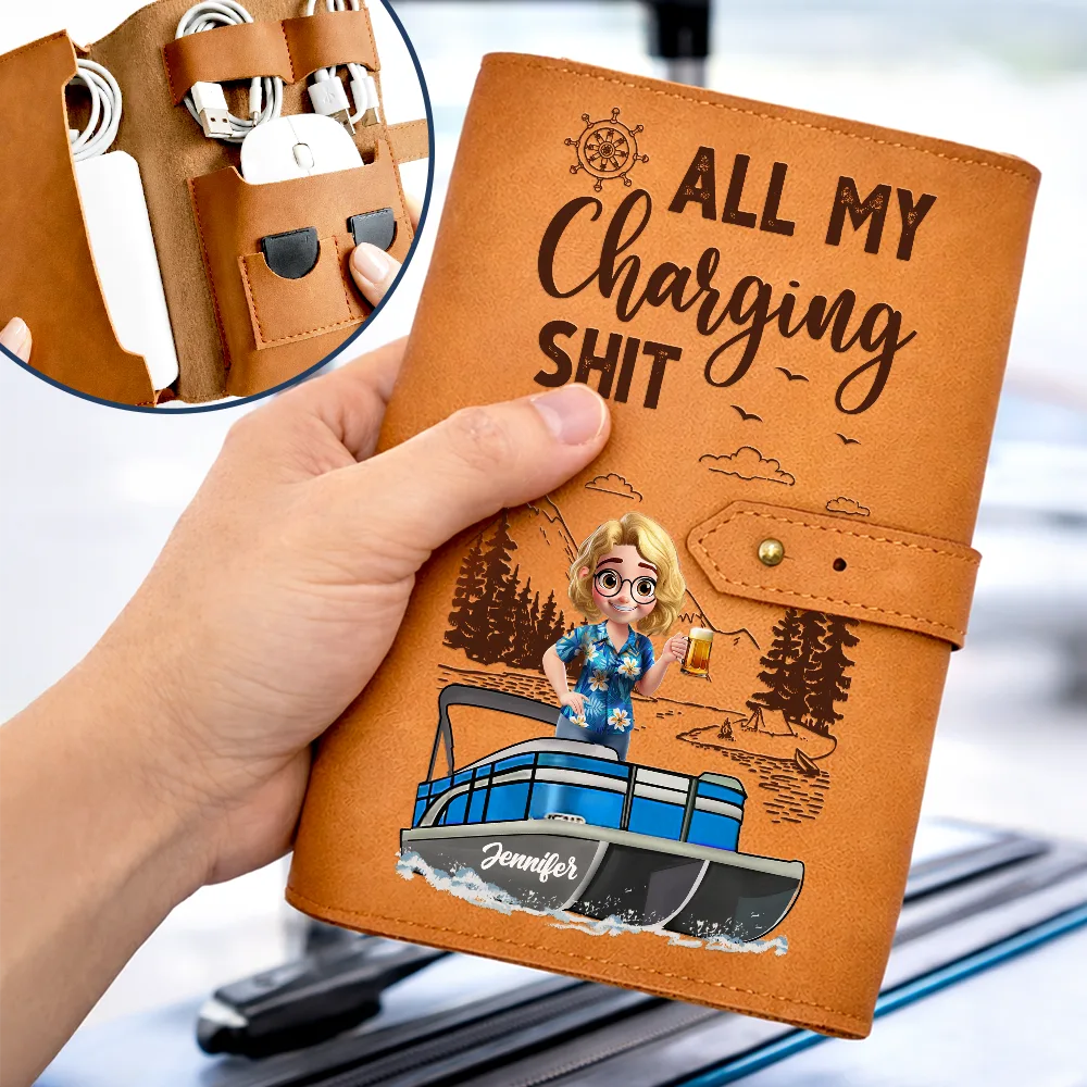 Pontoon,Gift For Women,Gift For Men,Happy,Travel - Pontoon Woman Man All My Charging Sh*t - Personalized Leather Cable Bag