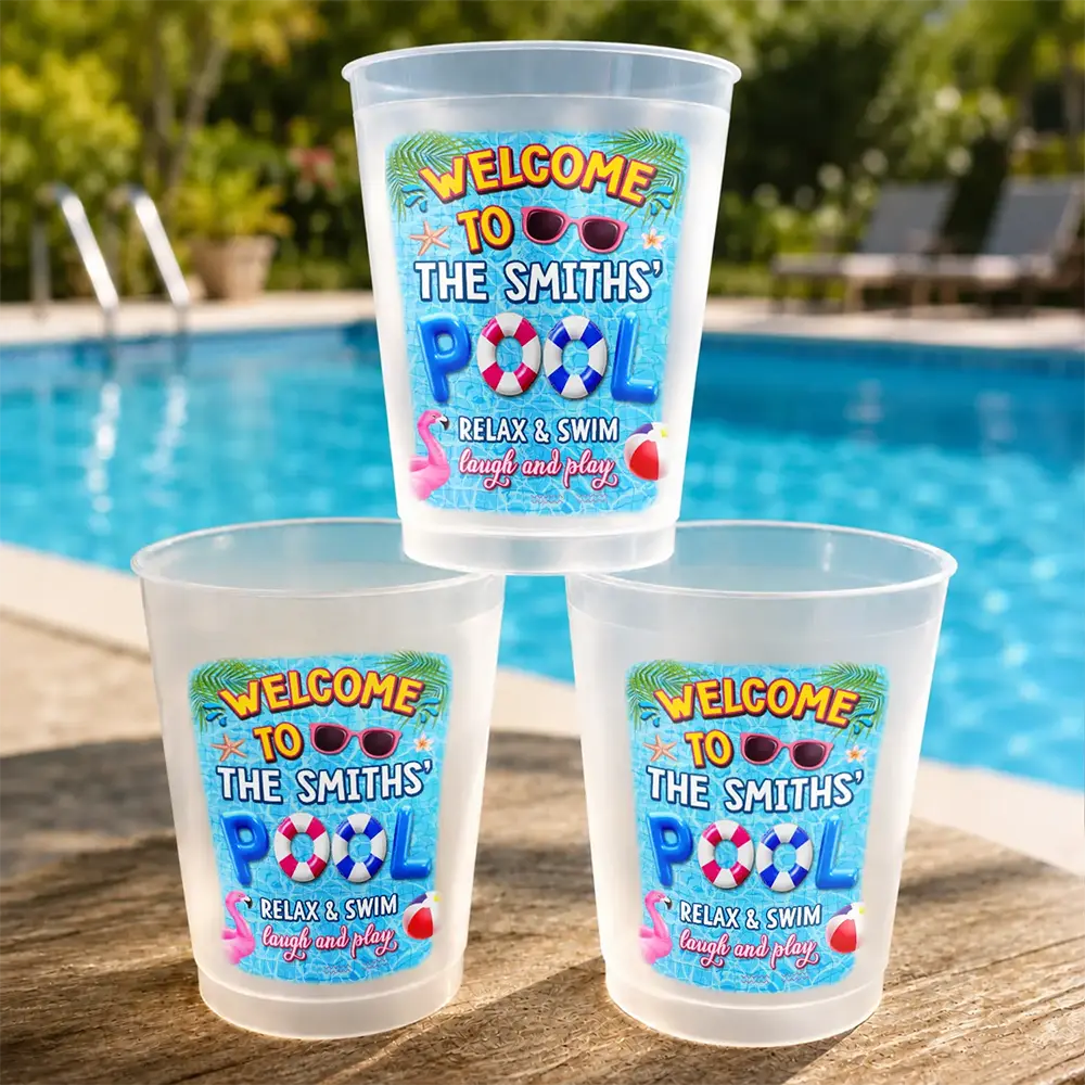 Playful, Family, Summer, Poolside, Outdoor Decor, Custom Text - Pool Party Relax Swim Laugh And Play - Personalized Frosted Cups