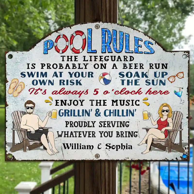 Swimming,Funny,Couple's Hobby,Gift For Couples,Grilling,Poolside - Pool Rules Swim At Your Own Risk Grilling - Personalized Custom Shaped Metal Sign