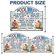 Swimming,Funny,Couple's Hobby,Gift For Couples,Grilling,Poolside - Pool Rules Swim At Your Own Risk Grilling - Personalized Custom Shaped Metal Sign