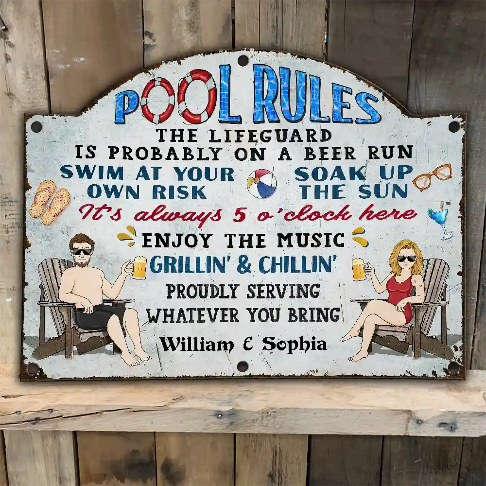 Swimming,Funny,Couple's Hobby,Gift For Couples,Grilling,Poolside - Pool Rules Swim At Your Own Risk Grilling - Personalized Custom Shaped Metal Sign