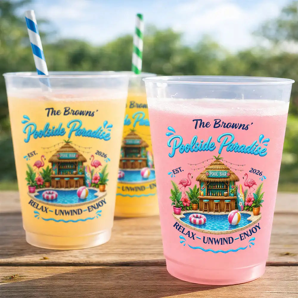 Playful,Family,Summer,Poolside,Outdoor Decor,Custom Text - Poolside Paradise Relax Unwind Enjoy - Personalized Frosted Cups