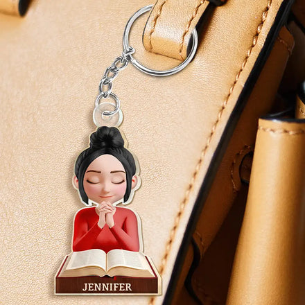 Praying Woman Girl With Open Bible - Personalized Acrylic Keychain