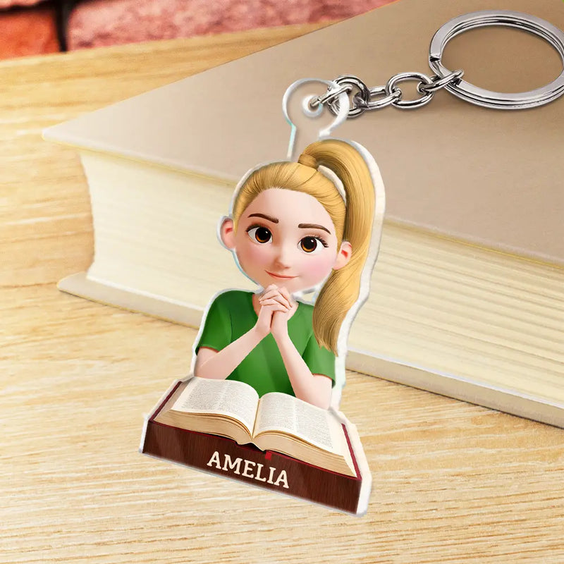 Christian,Gift For Women,Gift For Yourself - Praying Woman Girl With Open Bible - Personalized Acrylic Keychain