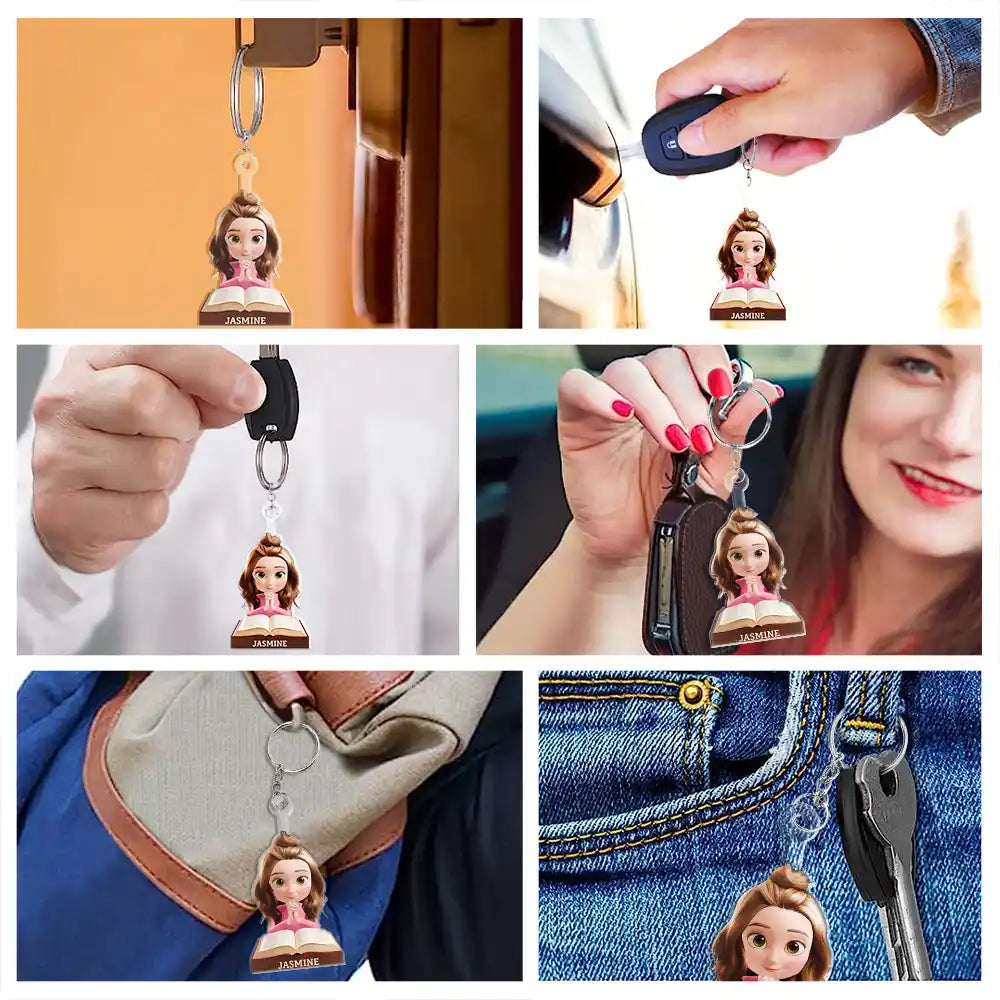 Christian,Gift For Women,Gift For Yourself - Praying Woman Girl With Open Bible - Personalized Acrylic Keychain