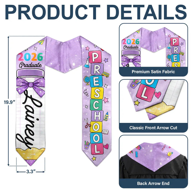 Graduation,Gift For Kids,Gift For Daughter,Adorable - Pre-K Preschool Kindergarten Graduate - Personalized Kid Graduation Stole