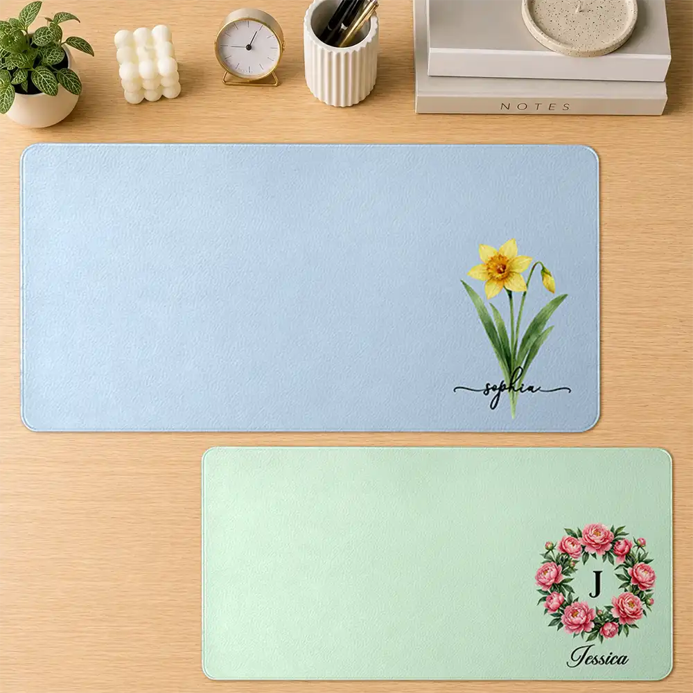Back To School, Teacher, Cozy, Icon - Pretty Birth Month Flower & Name Gift For Her Teachers Friends Coworkers - Personalized Leather Desk Mat