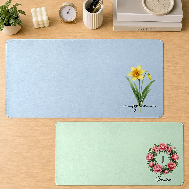 Back To School, Teacher, Cozy, Icon - Pretty Birth Month Flower & Name Gift For Her Teachers Friends Coworkers - Personalized Leather Desk Mat